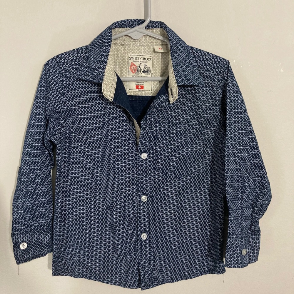 Swiss Cross Button Down Shirt Boys 4T Navy Blue Geometric Print TOP